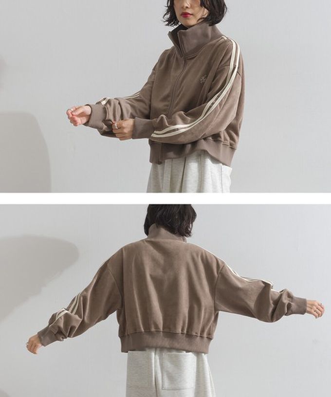 日本 ELENCARE DUE - 麂皮短絨休閒配色運動風夾克-炭黑x米杏領