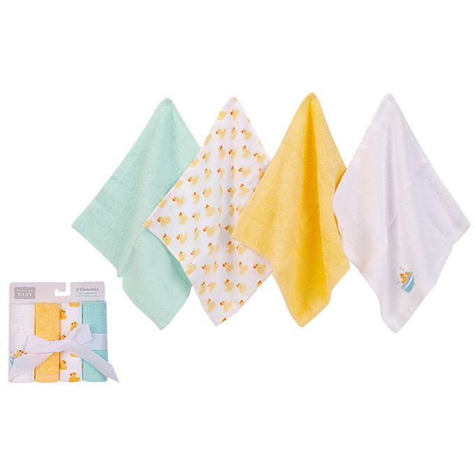 美國 Luvable Friends - 甜蜜寶貝100%純棉多功能嬰幼兒小方巾/洗澡巾/擦嘴巾4入組_25*25cm-黃色小鴨