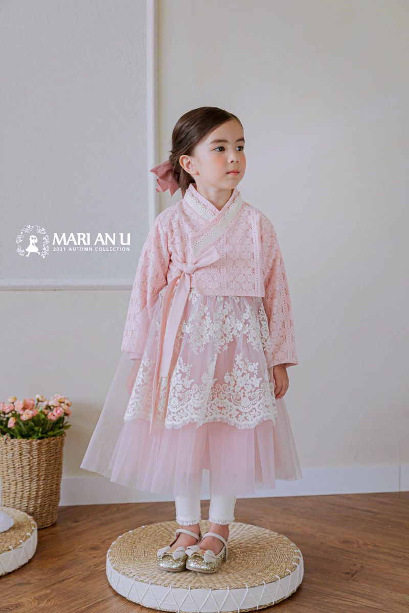 韓國 Mari an u - 透膚蕾絲裝飾網紗韓服-粉紅