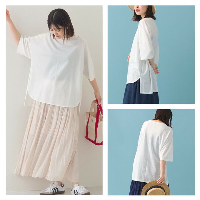 日本 OMNES - 接觸冷感 嫘縈寬版圓領五分袖上衣-海軍藍