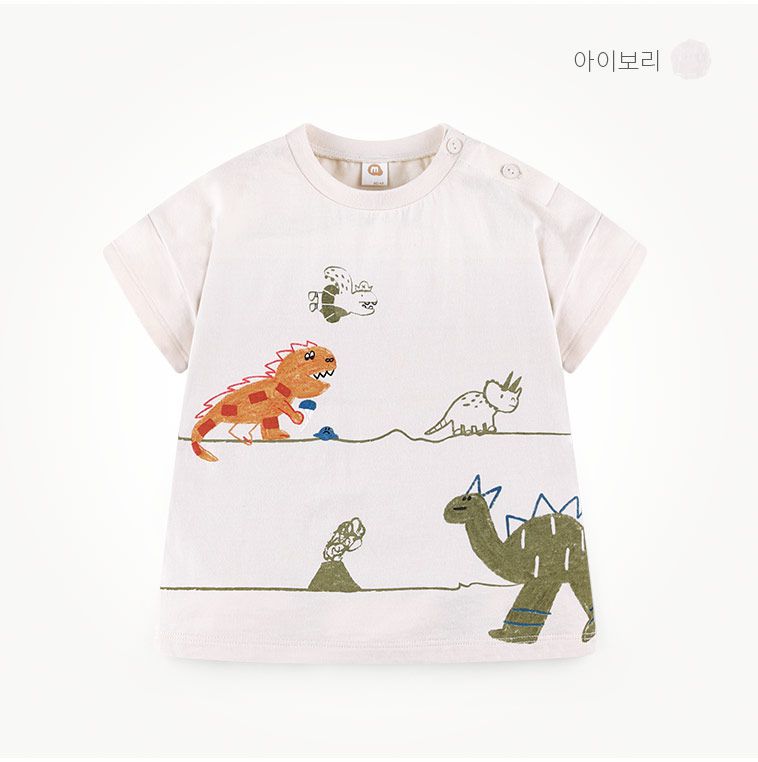 韓國 milk mile - 恐龍散步純棉T-象牙白