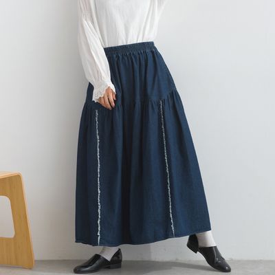 日本 Lupilien - 厚磅立體感線條澎澎長裙(附口袋)-海軍藍丹寧
