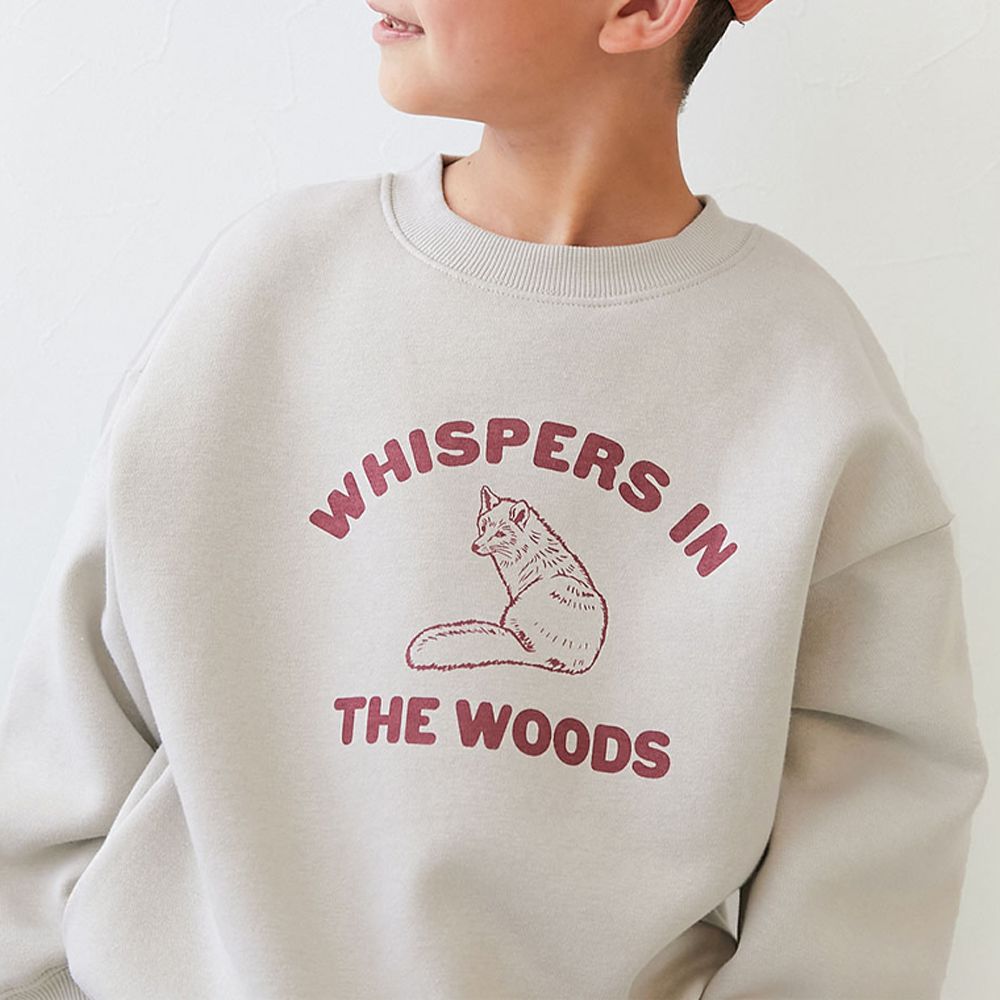 裏起毛動物印花大學T-狐狸-灰白