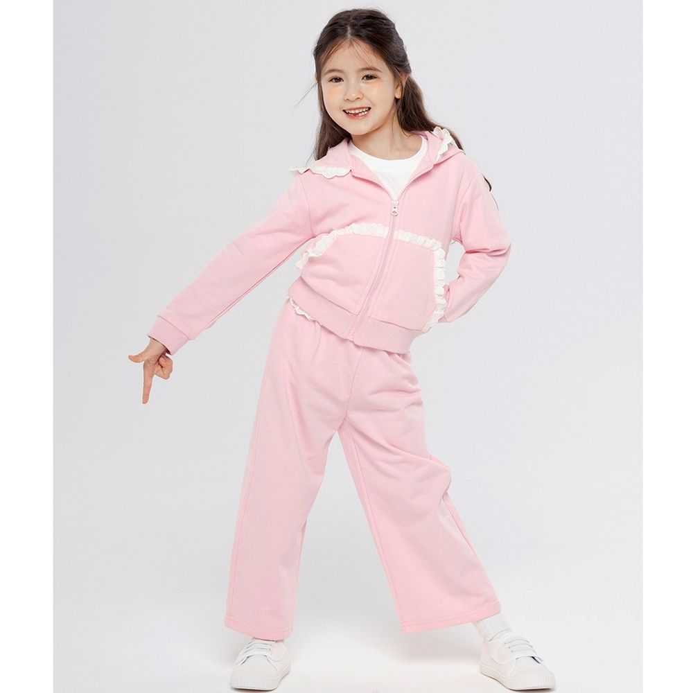 浪漫花邊蕾絲點綴連帽外套X長褲套裝-粉