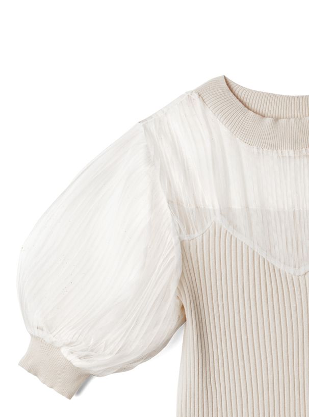 日本 GRL - 薄紗透膚異材質拼接澎澎袖短袖上衣-米