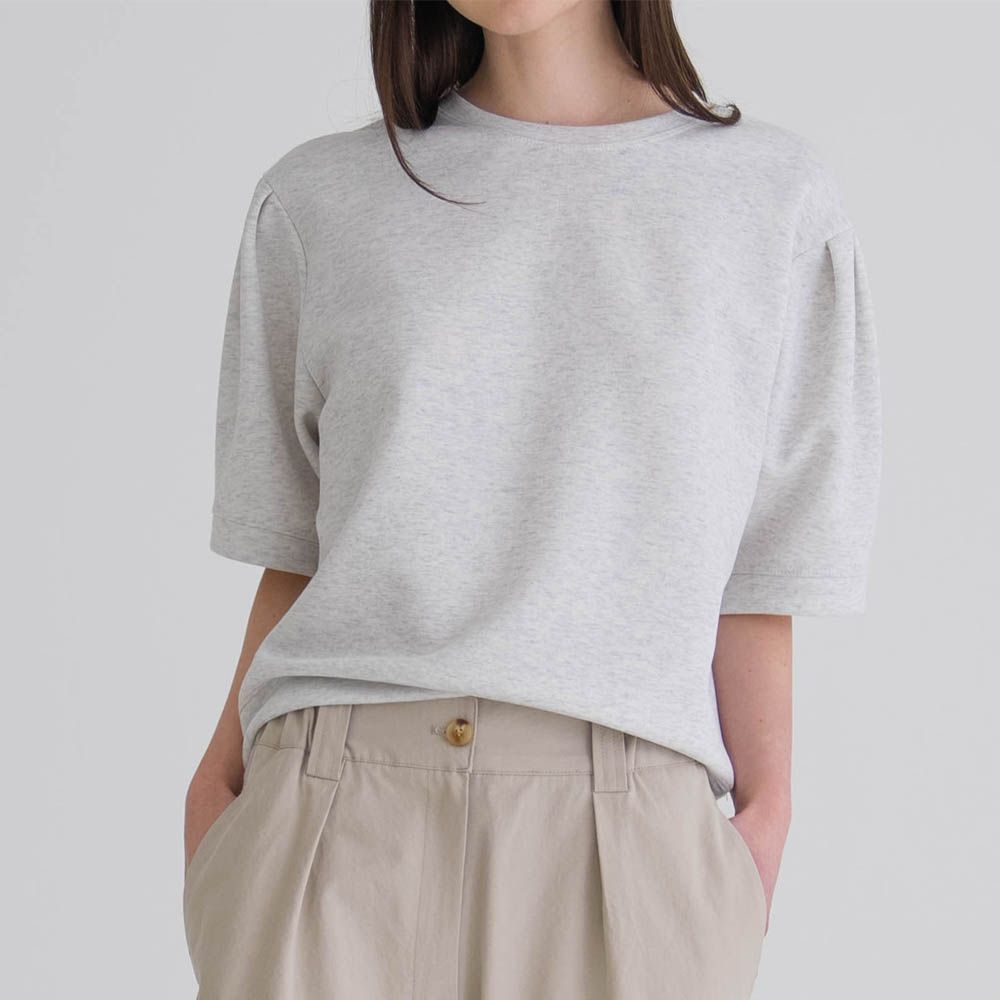 皺褶修飾五分袖上衣-白灰 (FREE)