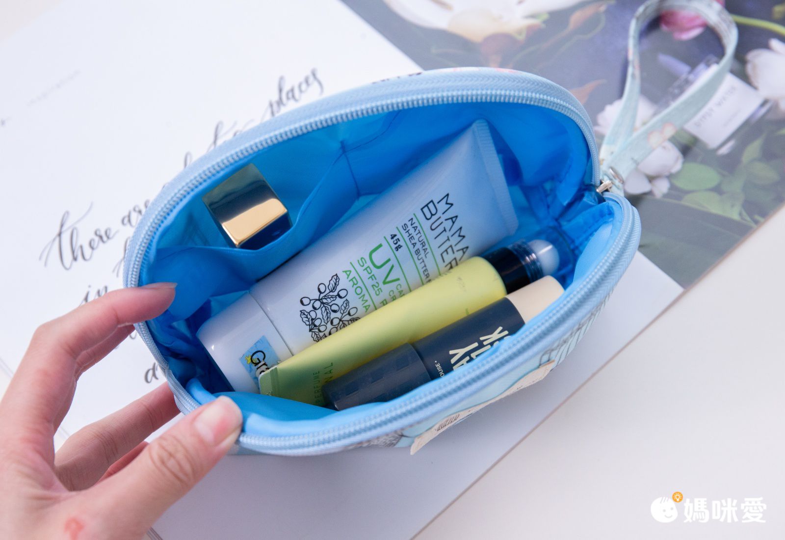 掛繩防水手拿化妝包-半圓-粉紅小鳥