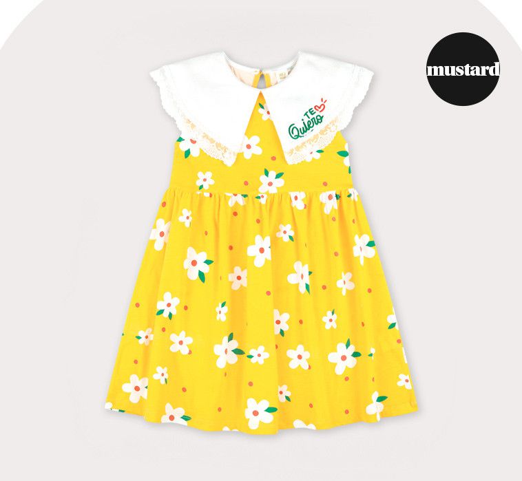 韓國 HEJMINI - 拼接蕾絲白花翻領背心洋裝-黃