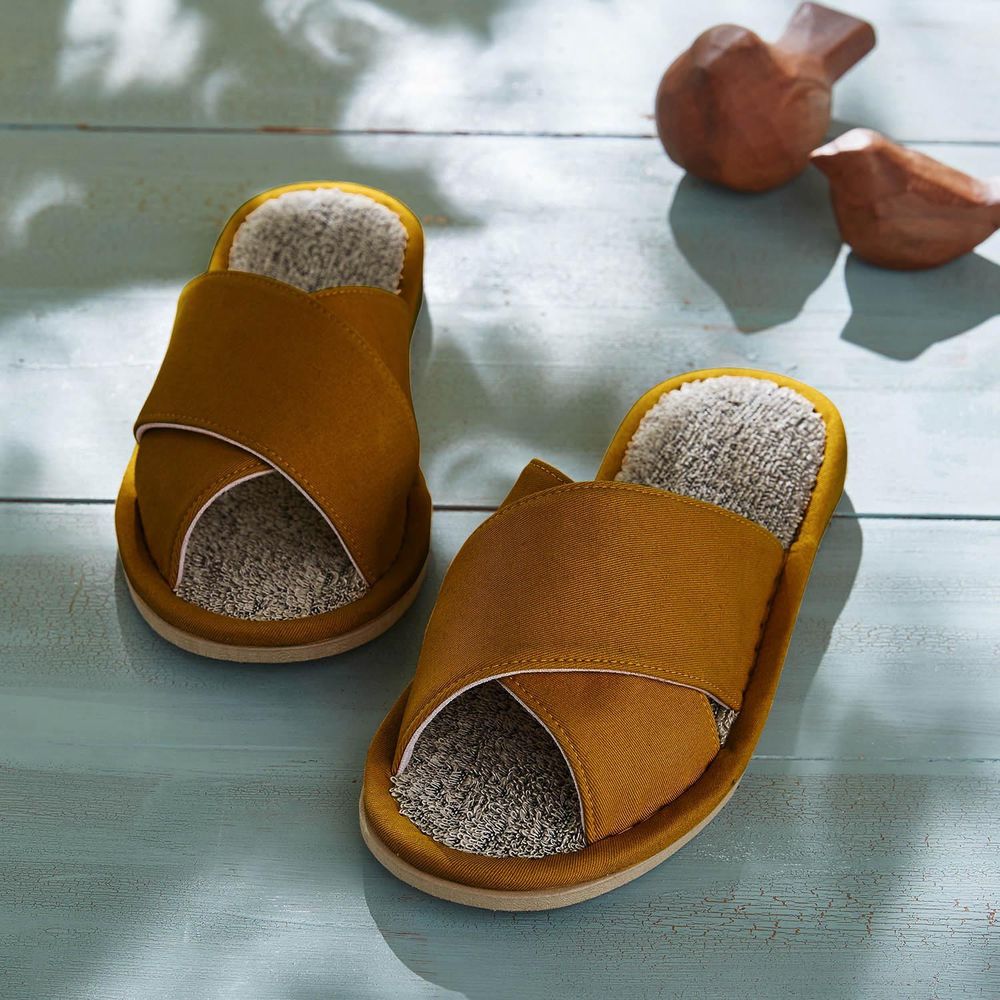 日本千趣會 - 棉麻透氣舒適小絨毛室內拖鞋-芥末 (23-25cm)