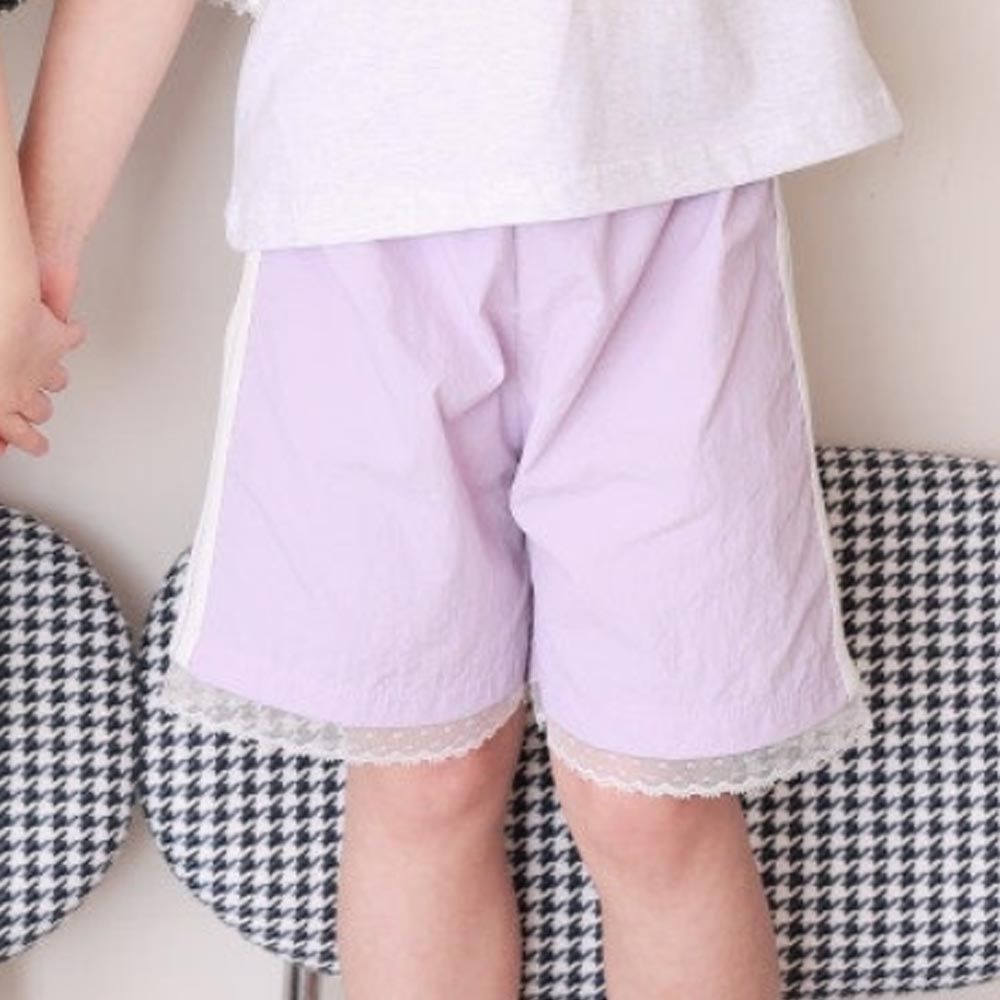 韓國 Dalla - 鬆緊腰蕾絲裝飾運動短褲-紫