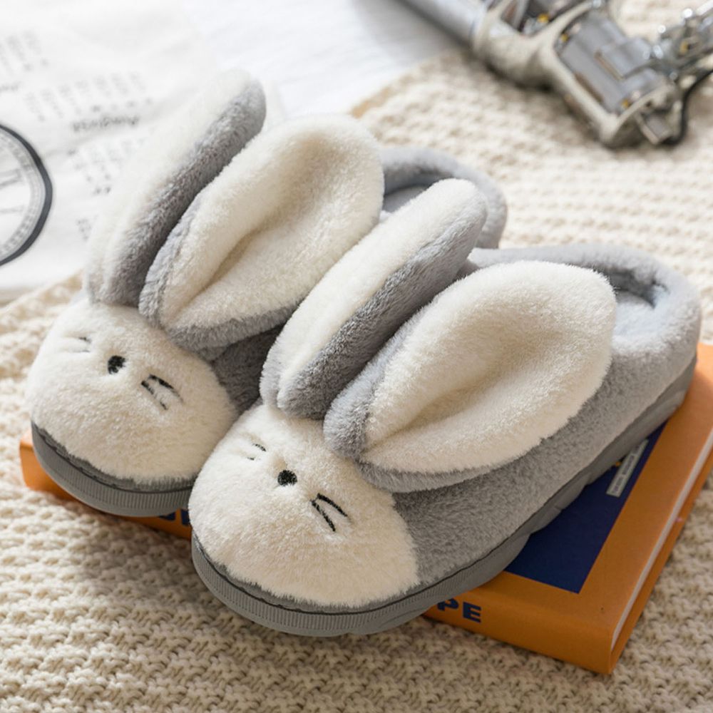 毛毛保暖室內拖鞋-大耳朵兔子-淺灰色