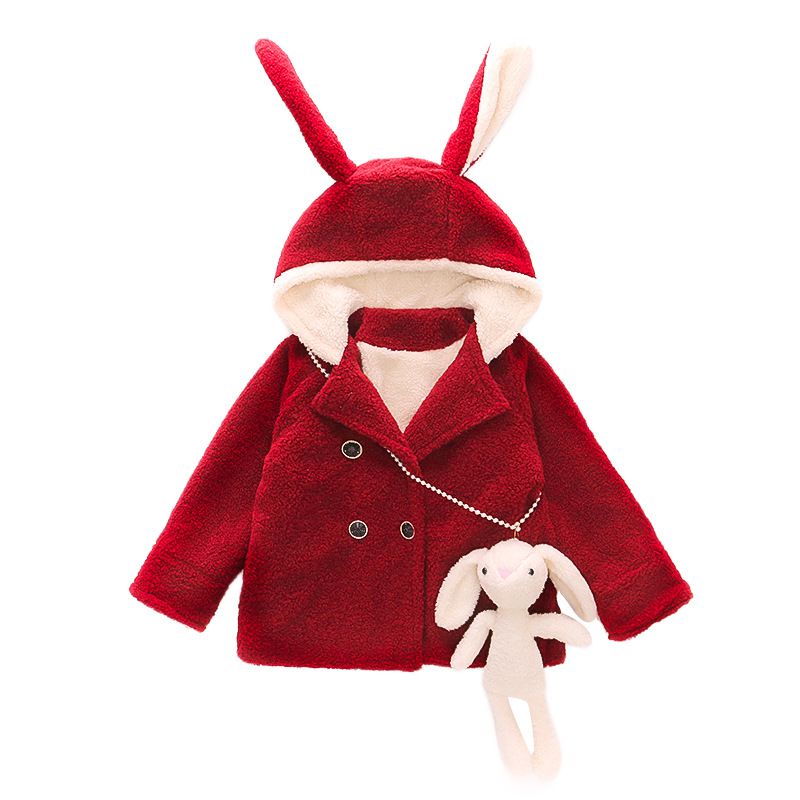 加厚毛絨造型長版外套-兔子耳朵-紅色-(送兔子配飾)