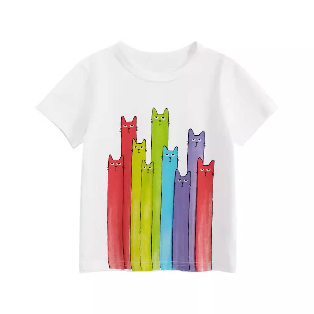 純棉短袖上衣-長條貓貓-米白