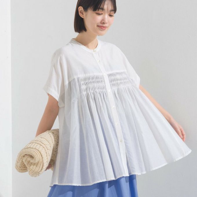 日本 OMNES - 100%印度棉 皺摺傘狀短袖襯衫-棕條紋