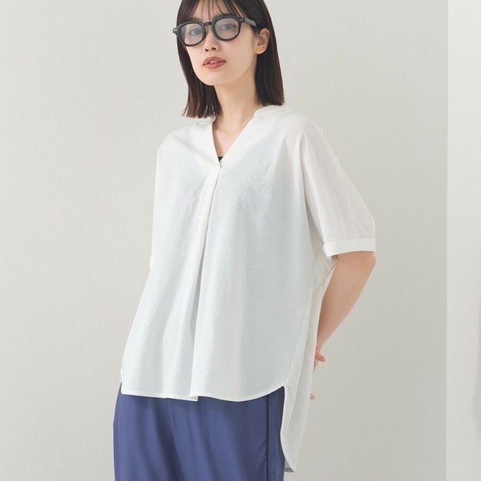 日本 OMNES - 接觸涼感 嫘縈休閒V領前短後長上衣-濃綠