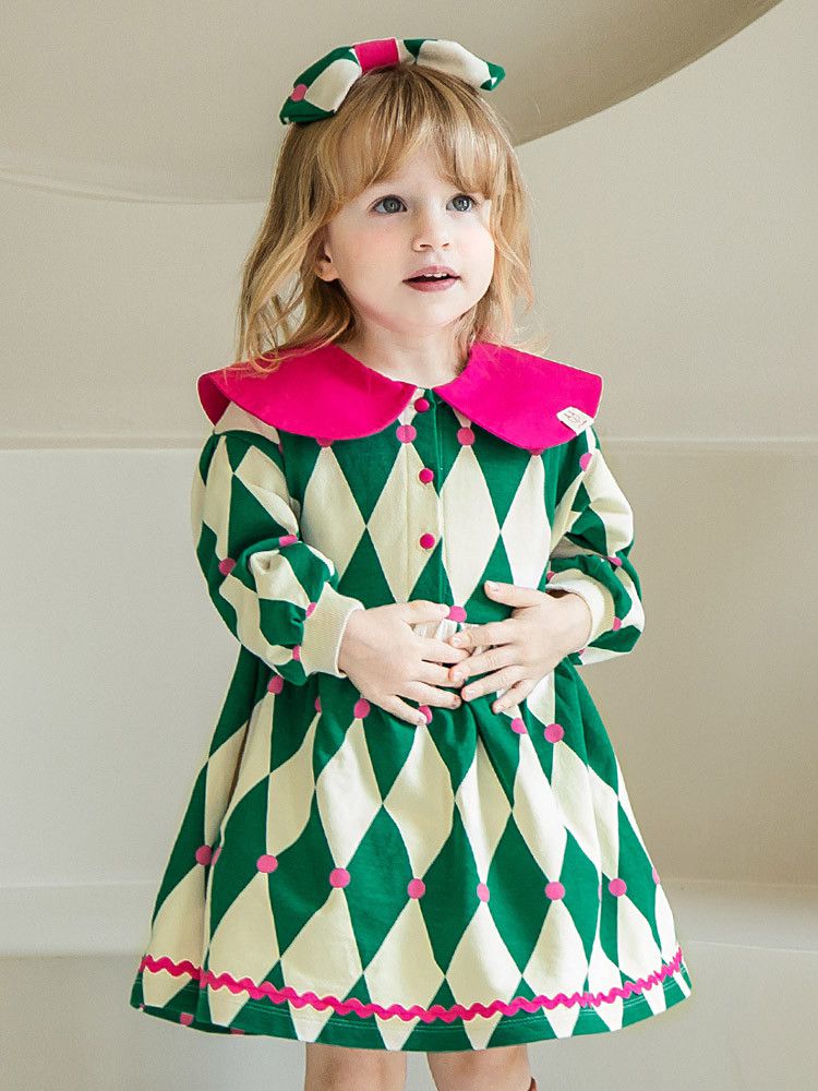 韓國 Pimpollo - 菱格紋撞色翻領洋裝-黃