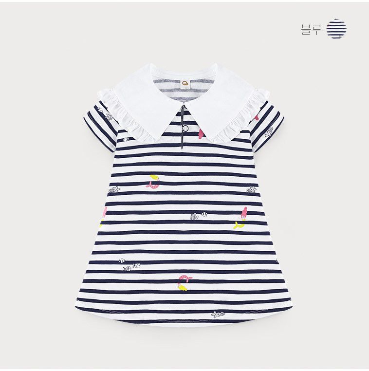 韓國 milk mile - 美人魚印花橫紋翻領洋裝-藍