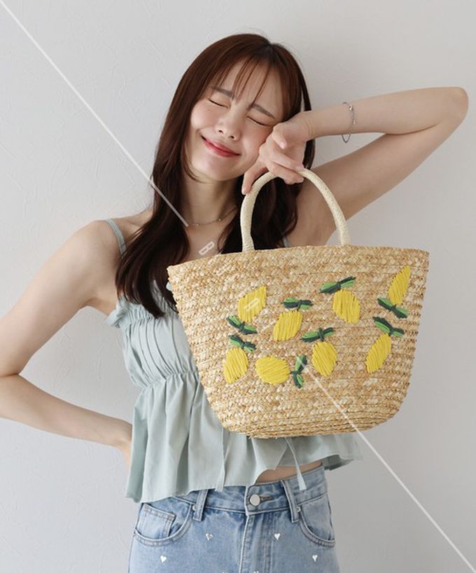 日本 BLUE EAST - 可愛水果刺繡夏日草編手提包-檸檬