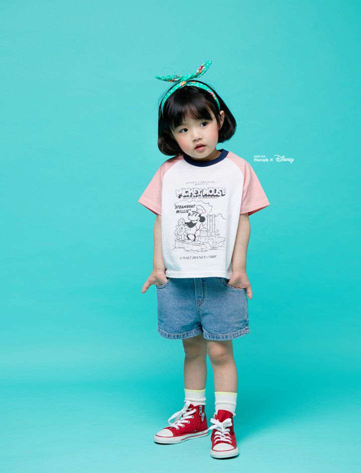 韓國 Hanab - 正版迪士尼-卡通米奇拼接色T-黃