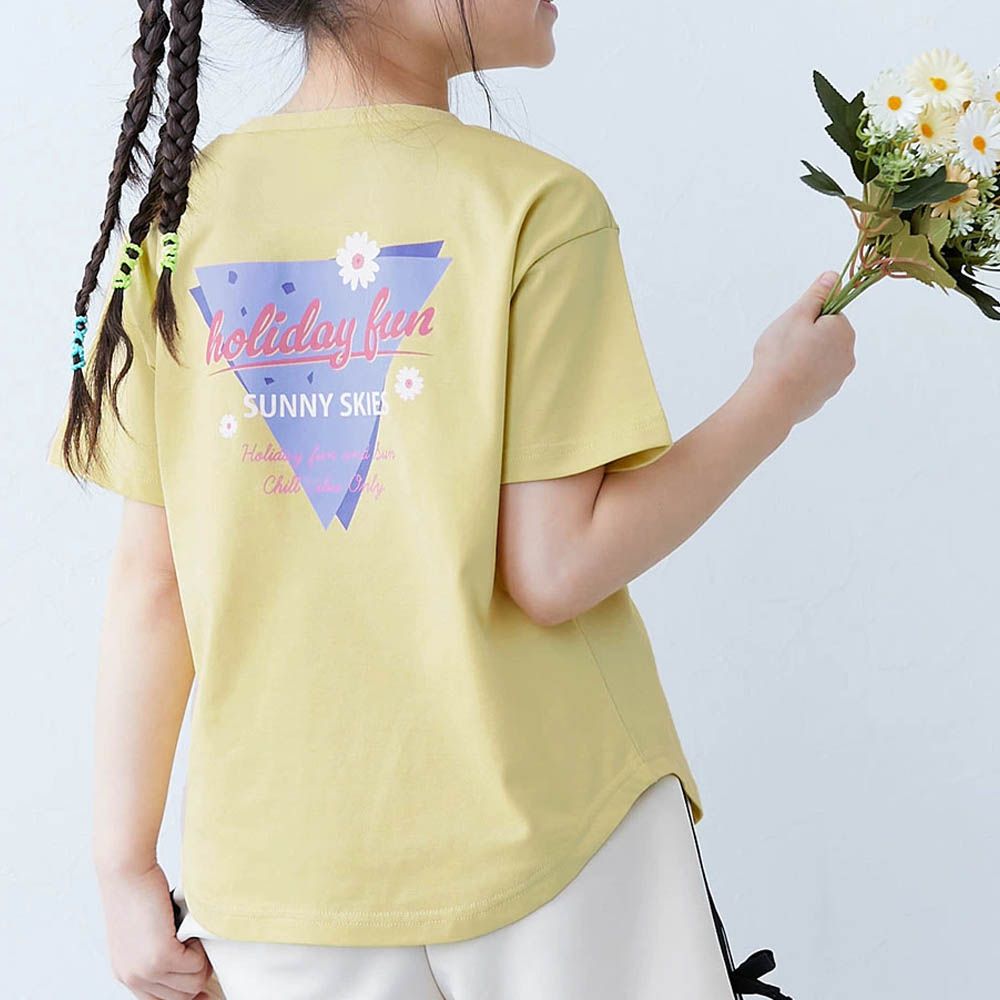 接觸涼感 女孩印花短袖上衣-背後三角logo-淺黃