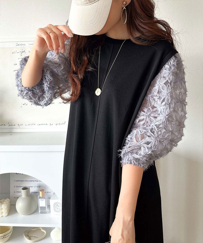 日本 Classical Elf - 夢幻薄紗緹花泡泡袖洋裝-黑x灰藍