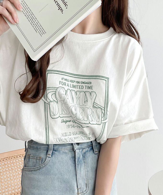 日本 Classical Elf - Java 混有機棉氣質刺繡印花短袖T恤-海軍藍