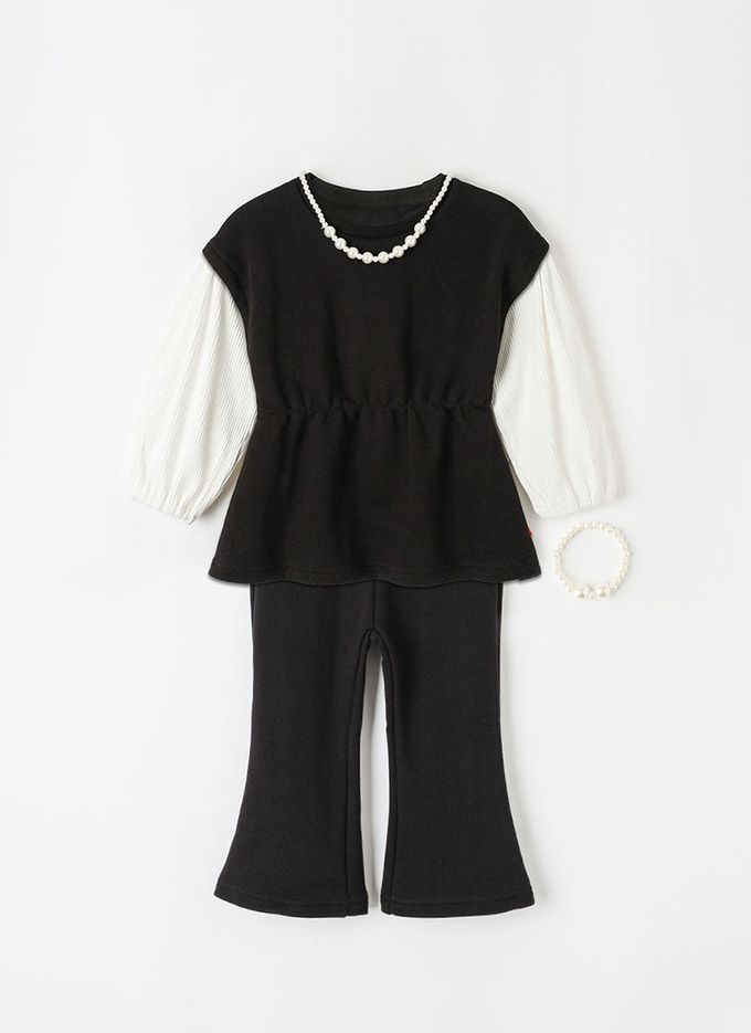 韓國 OZKIZ - (附配飾)質感女孩長袖微喇叭套裝-黑