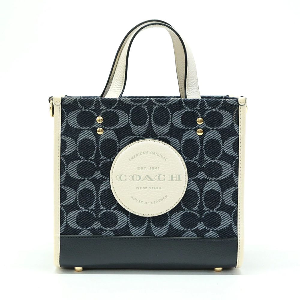 圓標LOGO牛仔拼接皮革兩用包 (深藍配白)