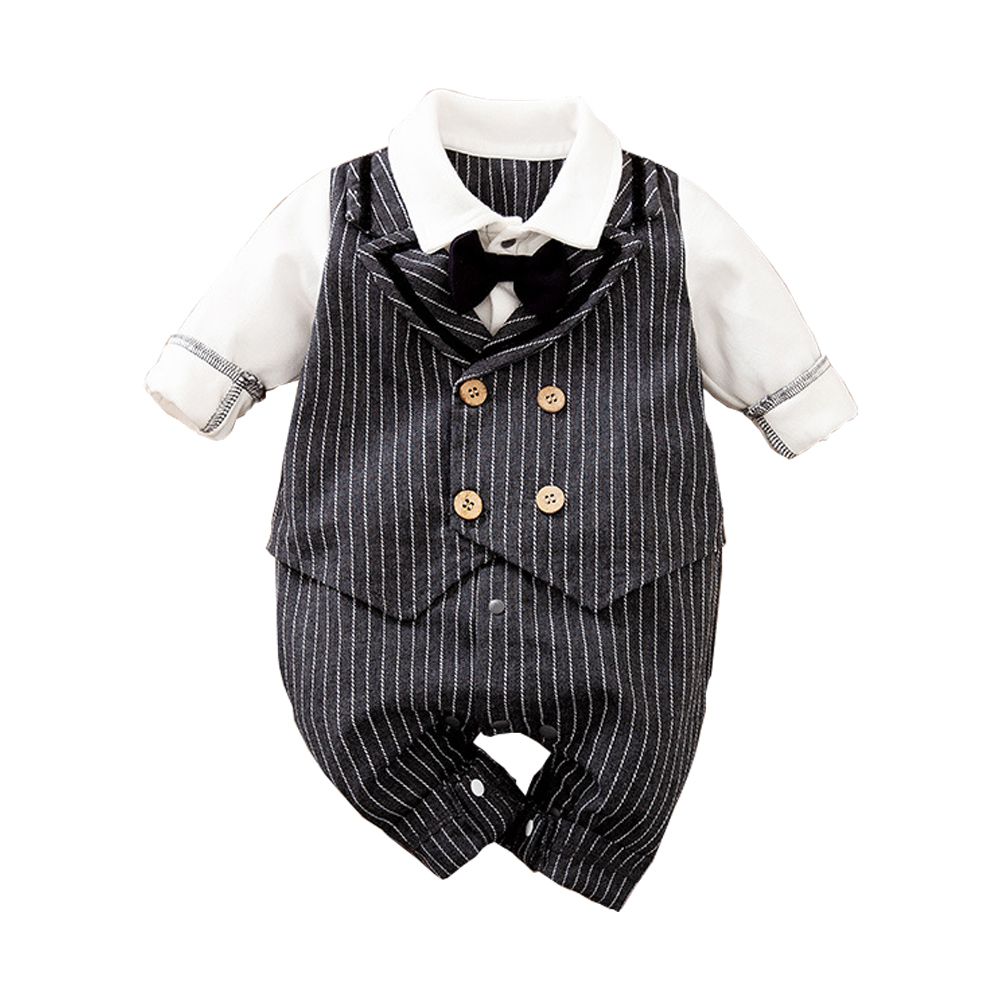 寶寶西裝連身衣 卡其紳士 長袖包屁衣-灰豎條紳士