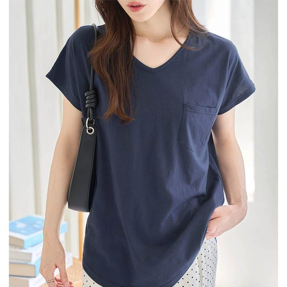 抗透汗 純棉V領口袋修身短袖上衣-海軍藍