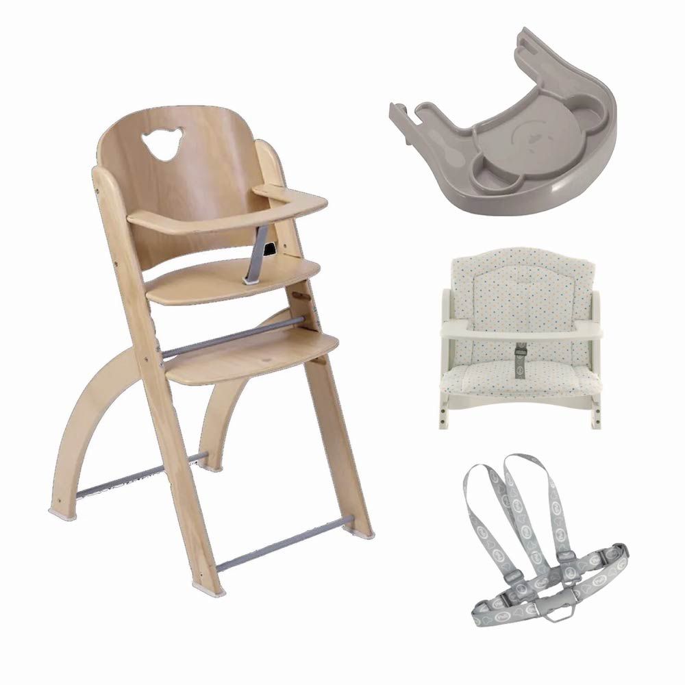 義大利 Pali - Pappy Re 熊寶寶成長餐椅組-原木-含點點坐墊、灰色小熊餐盤、安全帶