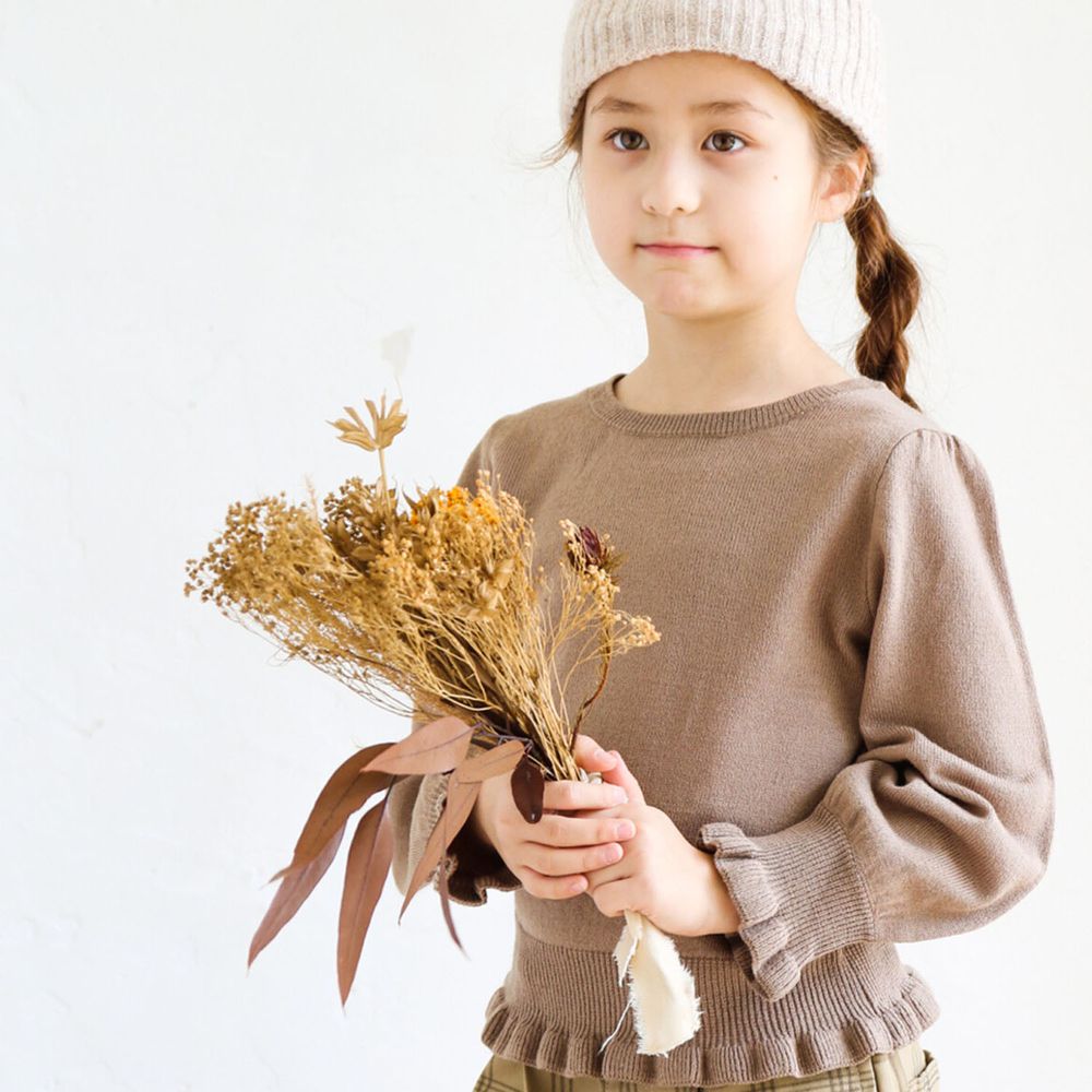 日本 PAIRMANON - 小荷葉造型袖口/衣襬薄針織上衣(孩子)-摩卡