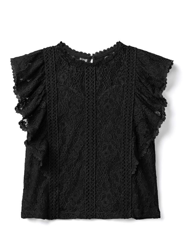 日本 GRL - 華麗蕾絲荷葉邊無袖上衣-灰粉