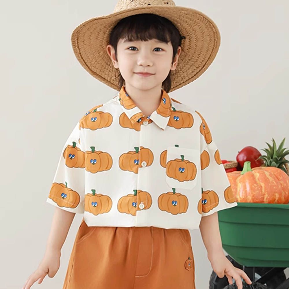 純棉翻領短袖襯衫-南瓜-米色