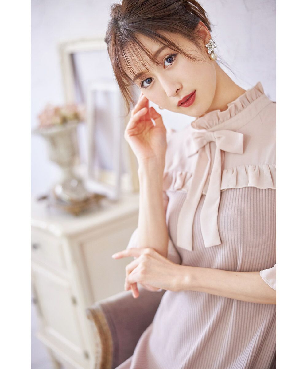 日本 tocco-closet - 夢幻荷葉邊扭結小洋裝-星塵粉