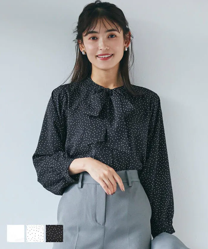 日本 COCA - 優雅紐結雪紡長袖上衣-點點-白