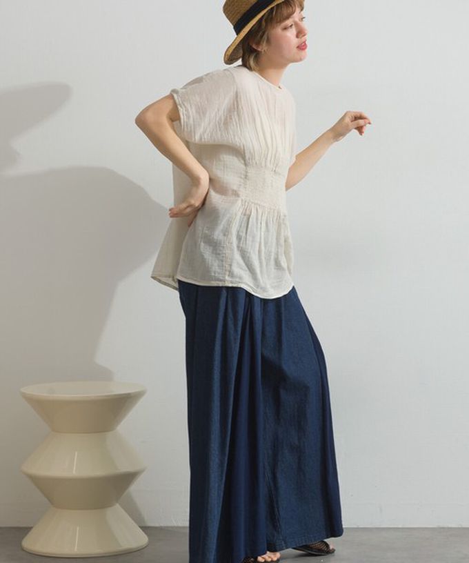 日本 Lupilien - 印度棉 人字紋清爽飄逸瘦腰短袖上衣-象牙白