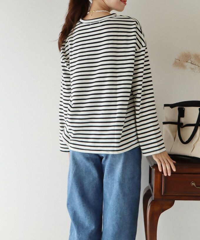 日本 BLUE EAST - 百搭落肩休閒長袖上衣-條紋-軍綠