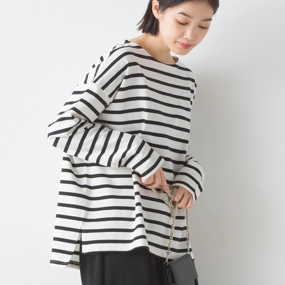 日本 OMNES - [定番]純棉厚磅條紋長袖上衣-黑x白