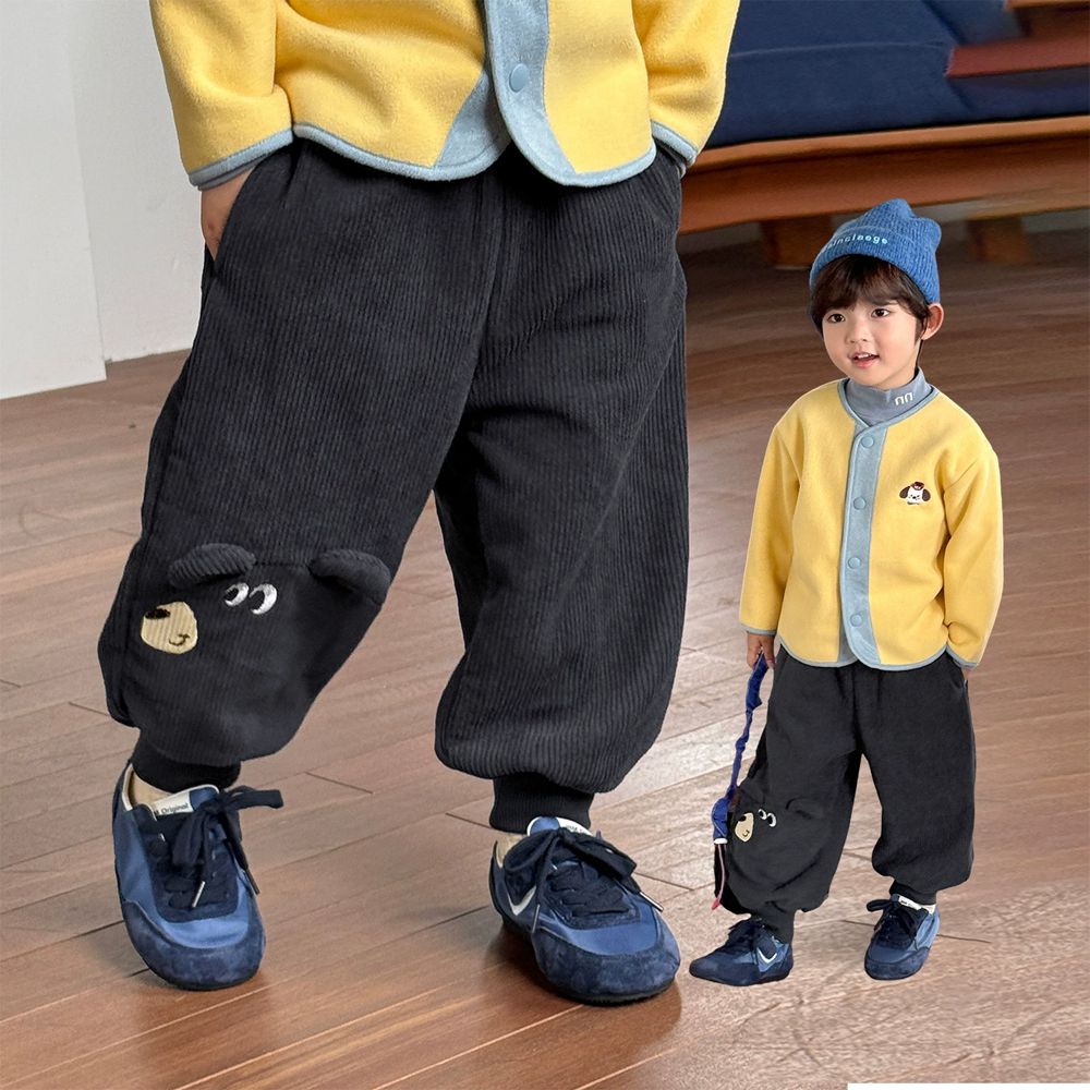 加絨款燈心絨休閒長褲-立體動物-深灰