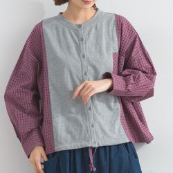 日本 Lupilien - 可愛格子拼接裏毛休閒襯衫-淺灰x紫