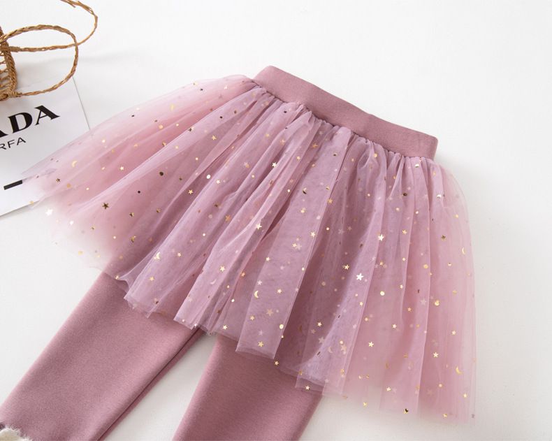 FANMOU - 加絨網紗亮片褲裙-星星月亮-灰色