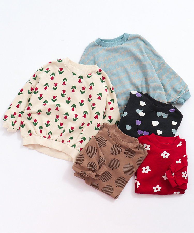 日本 BREEZE - 滿版印花裏毛長袖上衣-蘋果-焦糖