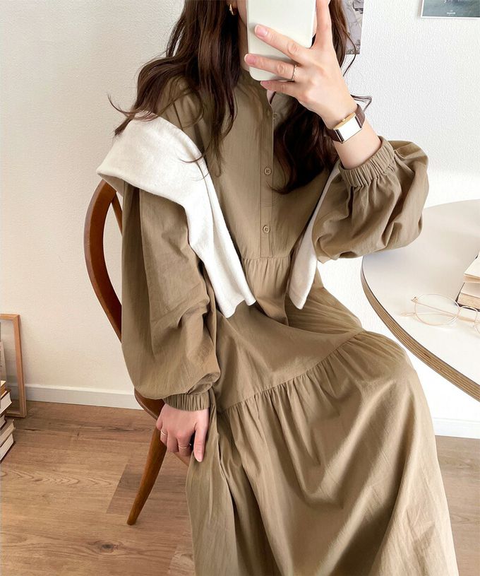 日本 Classical Elf - 百搭分層襯衫領大寬袖洋裝-摩卡