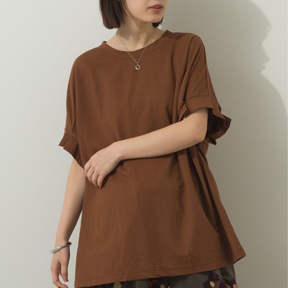 接觸涼感 寬鬆打摺短袖上衣-咖啡棕