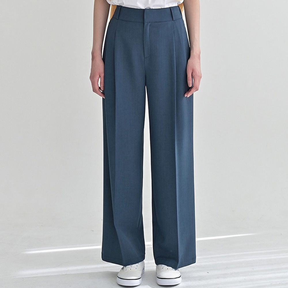 Domingoblue 後鬆緊腰雙鉤釦抓褶寬鬆西裝褲-海軍藍