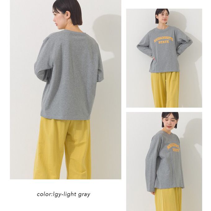 日本 OMNES - 100%棉 簡約英文標語長袖上衣-卡其米