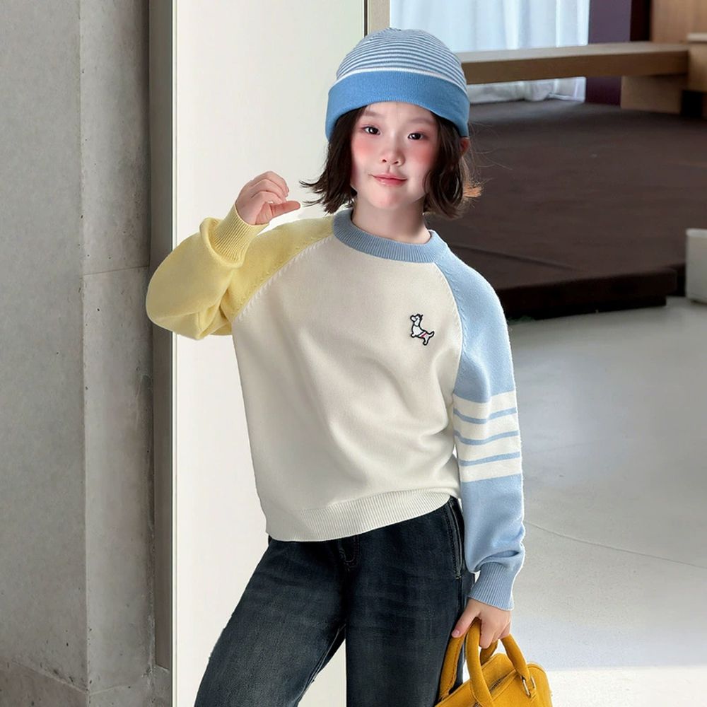 元氣學院風撞色針織上衣-藍色