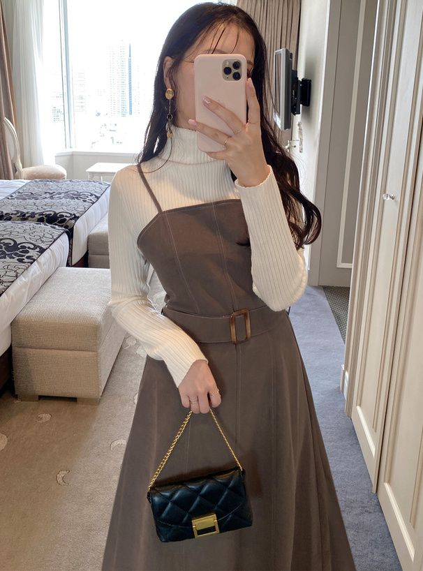 日本 GRL - 質感麂皮修身吊帶魚尾裙(附腰帶)-咖啡