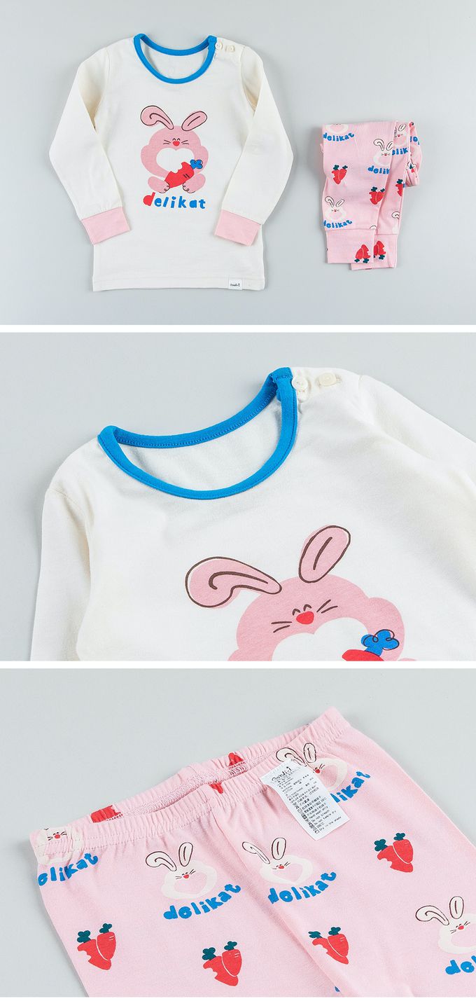 韓國 Cordi-i - 無螢光棉薄款彈性長袖家居服-粉兔蘿蔔-米X粉